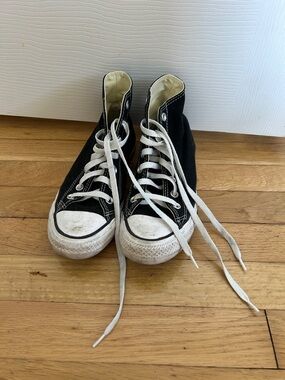 Womens Black High-Top Canvas Sneakers with White Laces